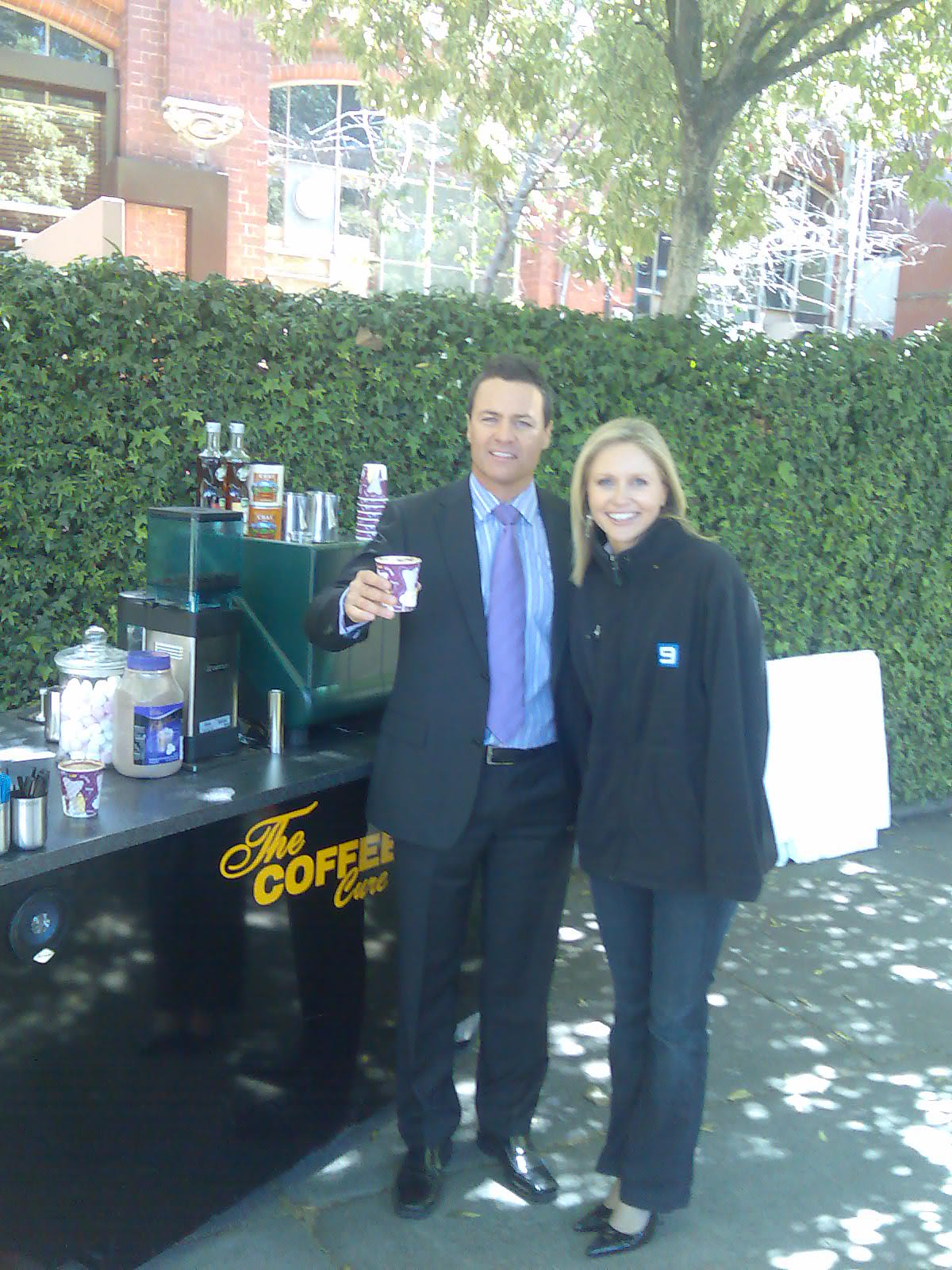 Our Mobile Coffee Cart for both Outdoor and Indoor Functions & Events - Shown here on a promotional shoot at GTV 9 Melbourne with Ed Phillips and Lavinia Nixon for Channel 9's Temptation. The Coffee Cure Servicing Melbourne Metro, CBD, Mornington Peninsula, Geelong and most of Victoria